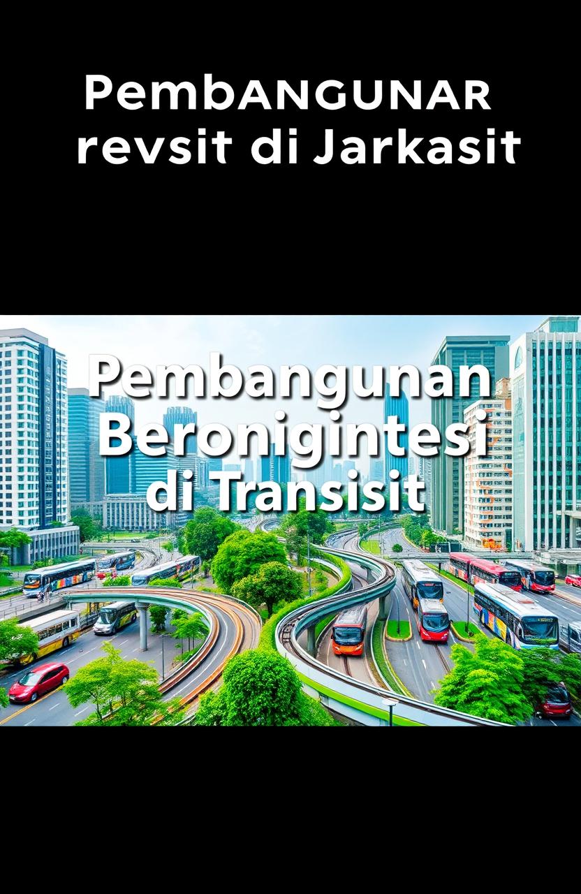 A compelling PowerPoint cover design in PNG format, landscape 16:9, featuring the words “Pembangunan Berorientasi Transit di Jakarta”