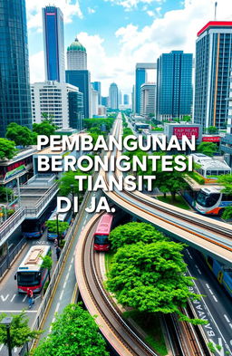 A compelling PowerPoint cover design in PNG format, landscape 16:9, featuring the words “Pembangunan Berorientasi Transit di Jakarta”