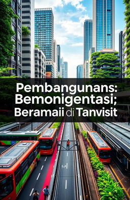 A compelling PowerPoint cover design in PNG format, landscape 16:9, featuring the words “Pembangunan Berorientasi Transit di Jakarta”