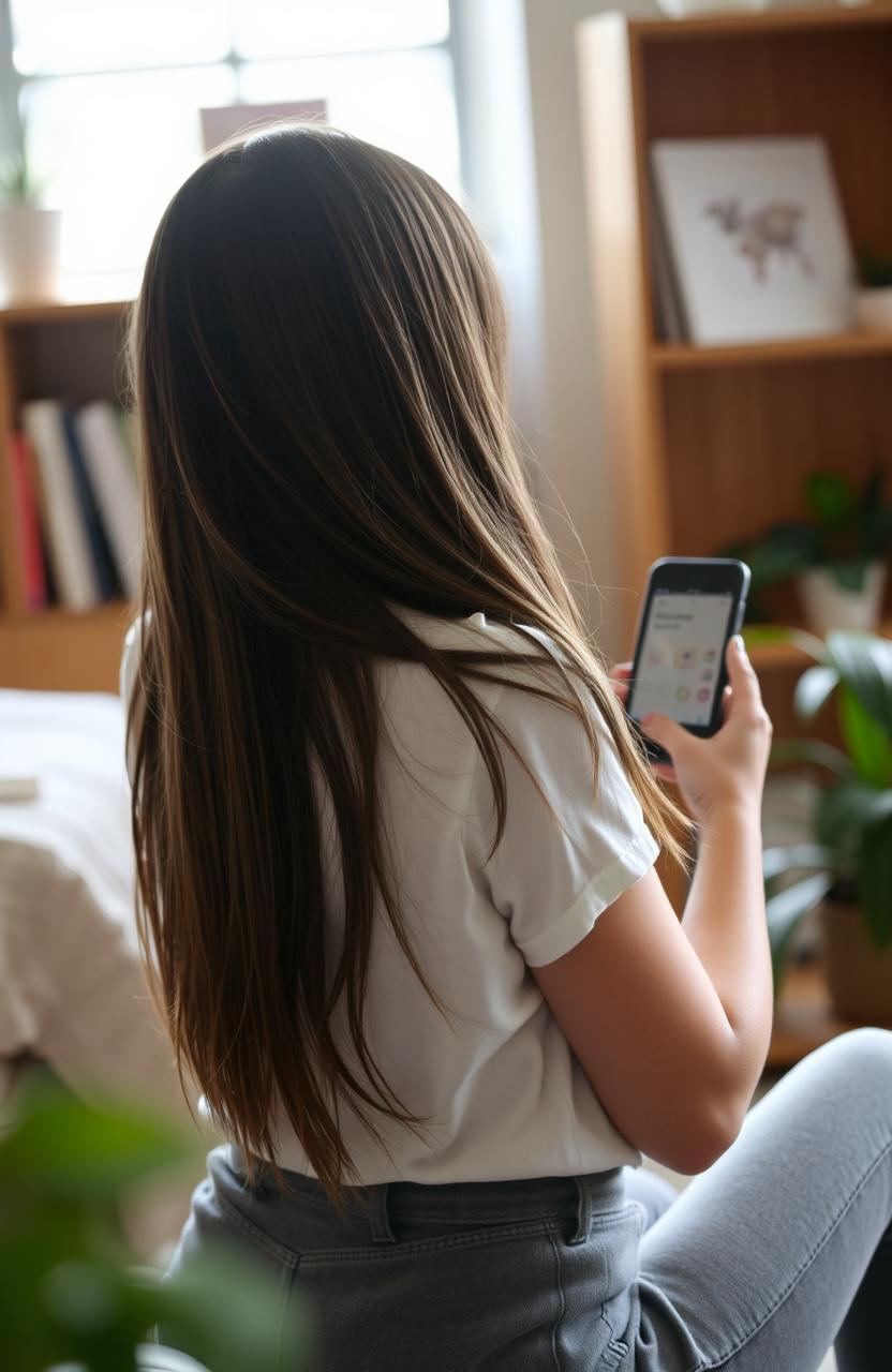 A young woman looking at her phone while sitting, her back facing the viewer