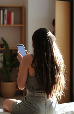 A young woman looking at her phone while sitting, her back facing the viewer