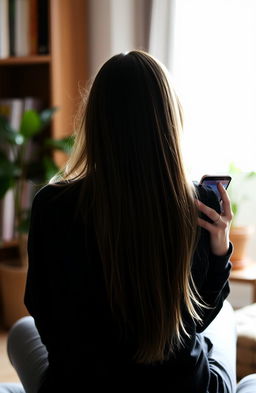 A young woman looking at her phone while sitting, her back facing the viewer