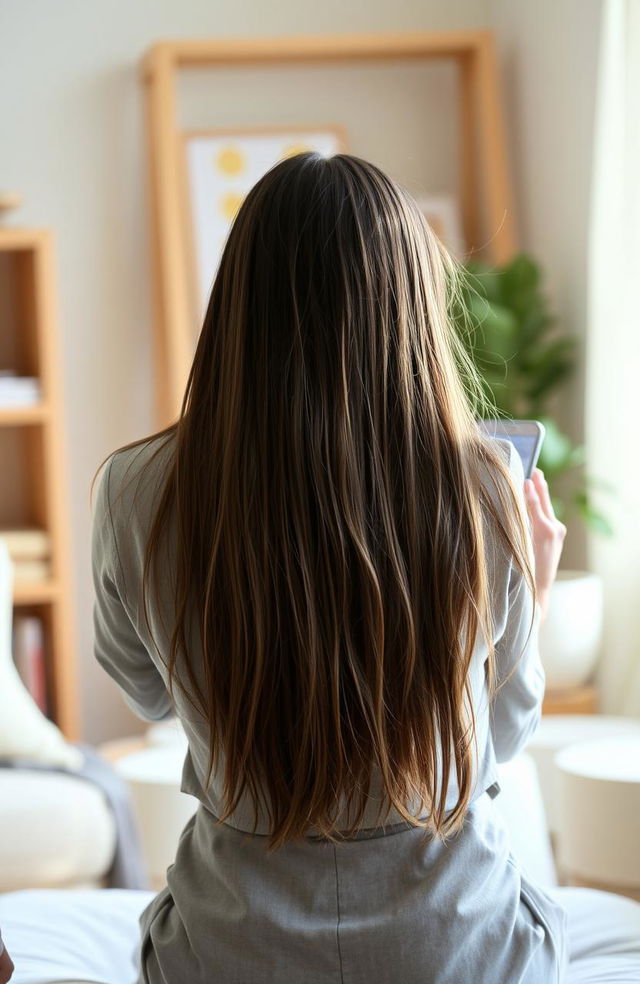 A young woman looking at her phone while sitting, her back facing the viewer