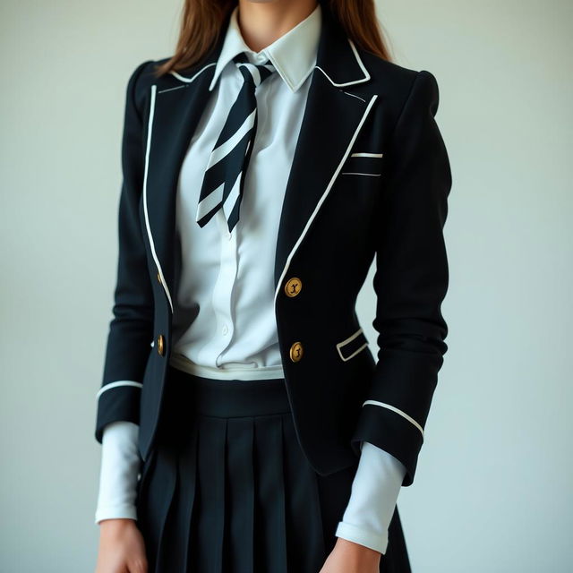 An ultra-realistic portrait of a European schoolgirl, dressed in a very tight and perfectly fitting school uniform