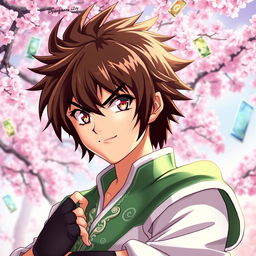 A portrait of Syaoran Li, a character from the anime Cardcaptor Sakura, showcasing his determined expression and sharp, vibrant eyes