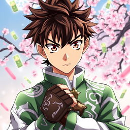 A portrait of Syaoran Li, a character from the anime Cardcaptor Sakura, showcasing his determined expression and sharp, vibrant eyes