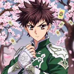 A portrait of Syaoran Li, a character from the anime Cardcaptor Sakura, showcasing his determined expression and sharp, vibrant eyes