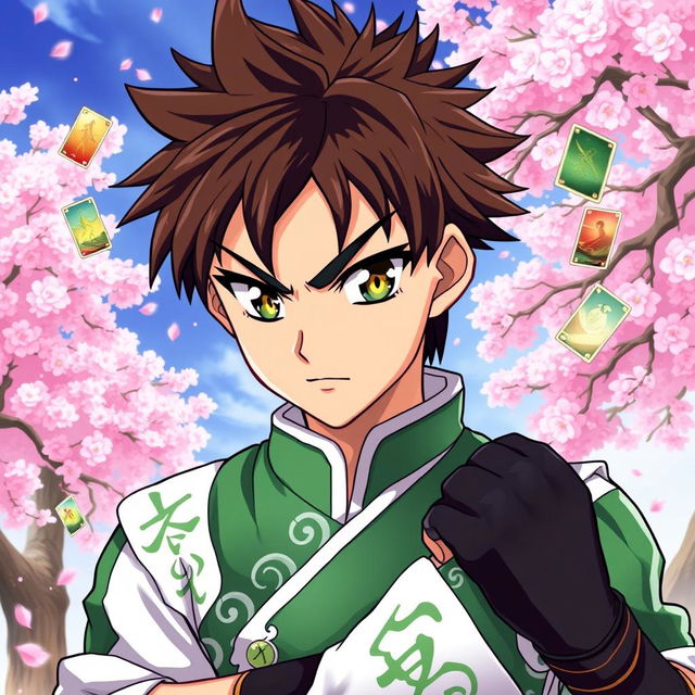 A portrait of Syaoran Li, a character from the anime Cardcaptor Sakura, showcasing his determined expression and sharp, vibrant eyes