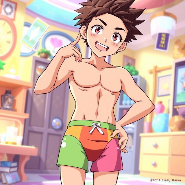 A playful and humorous illustration of Syaoran Li from the anime Cardcaptor Sakura, depicted in a lighthearted scene wearing colorful briefs