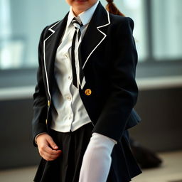 An ultra-realistic portrait of a European schoolgirl, featuring a snug and perfectly fitting school uniform
