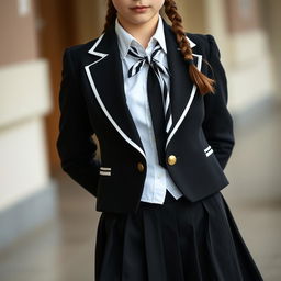 An ultra-realistic portrait of a European schoolgirl, featuring a snug and perfectly fitting school uniform