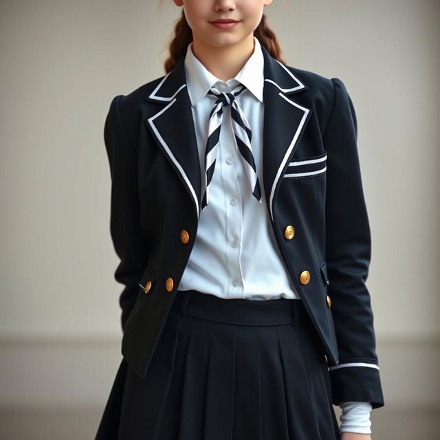 An ultra-realistic portrait of a European schoolgirl, featuring a snug and perfectly fitting school uniform