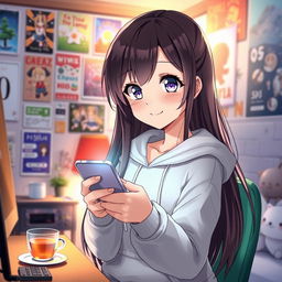 A beautifully illustrated anime-style character, a young girl with long flowing hair, deeply engaged in a conversation on her smartphone