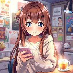 A beautifully illustrated anime-style character, a young girl with long flowing hair, deeply engaged in a conversation on her smartphone