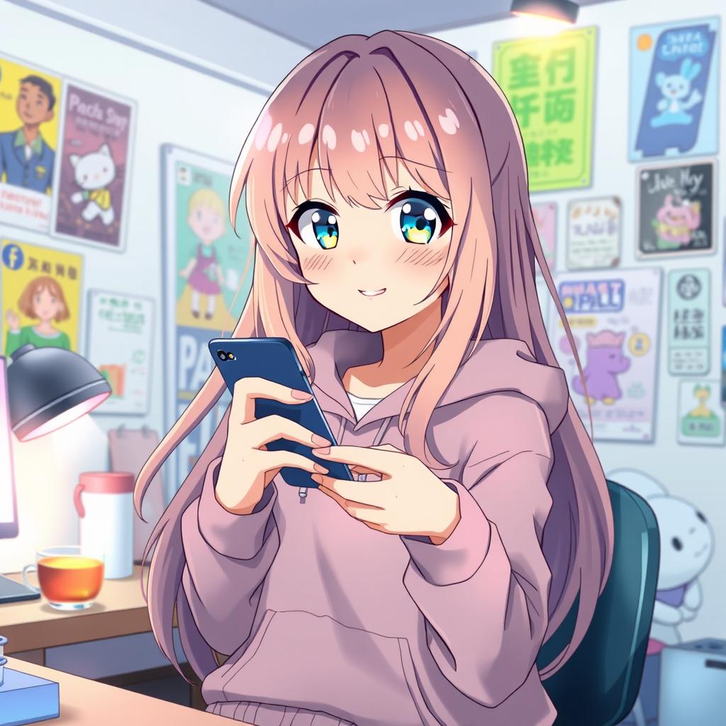 A beautifully illustrated anime-style character, a young girl with long flowing hair, deeply engaged in a conversation on her smartphone