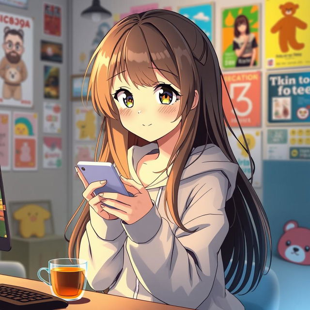 A beautifully illustrated anime-style character, a young girl with long flowing hair, deeply engaged in a conversation on her smartphone