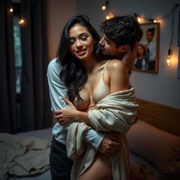 A sensual college scene set in a cozy, dimly lit hostel room featuring a beautiful young woman resembling the characteristics of a stunning college girl, captured in a moment of intimacy with her male classmate