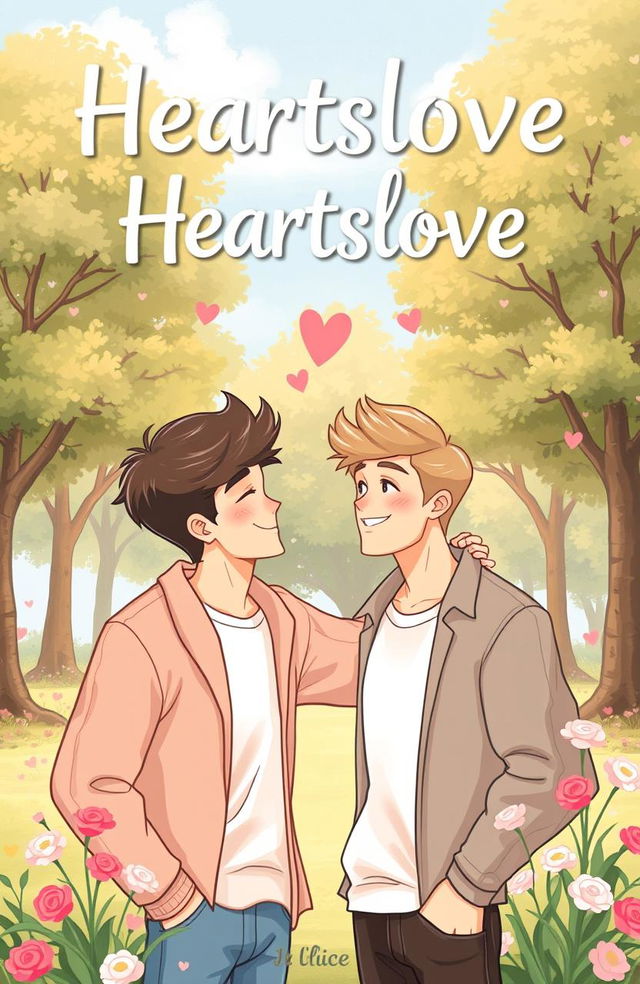 A cute and heartwarming gay romance book cover, inspired by the style of 'Heartstopper', featuring the title 'Heartslove' beautifully displayed