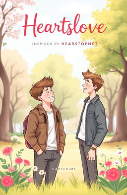 A cute and heartwarming gay romance book cover, inspired by the style of 'Heartstopper', featuring the title 'Heartslove' beautifully displayed