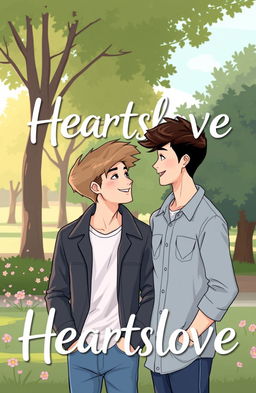 A cute and heartwarming gay romance book cover, inspired by the style of 'Heartstopper', featuring the title 'Heartslove' beautifully displayed