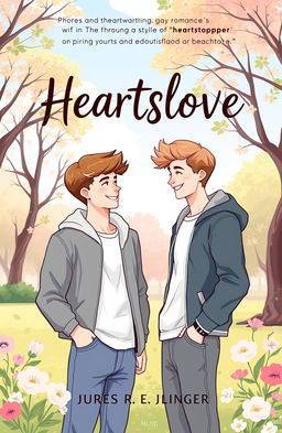 A cute and heartwarming gay romance book cover, inspired by the style of 'Heartstopper', featuring the title 'Heartslove' beautifully displayed