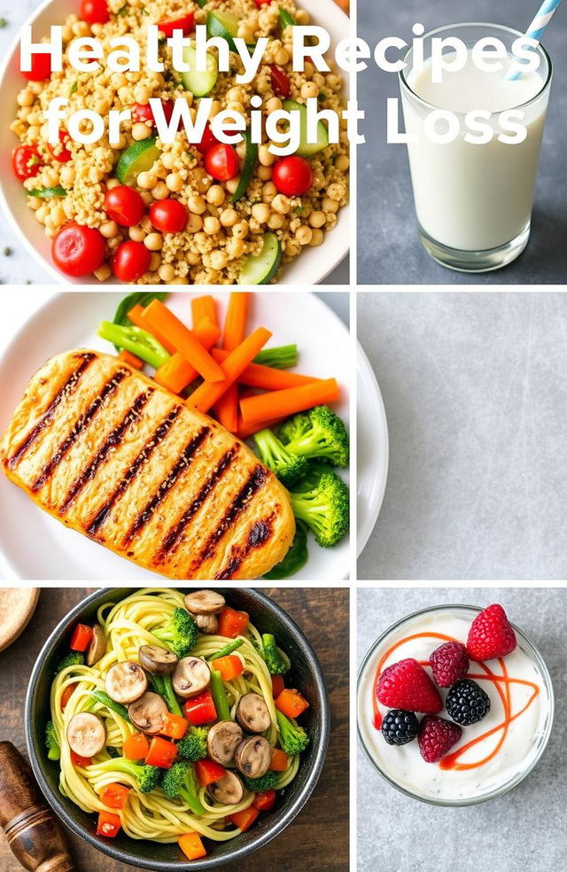 Healthy recipes for weight loss including a quinoa salad with chickpeas, cherry tomatoes, cucumber, and a lemon vinaigrette dressing