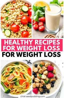 Healthy recipes for weight loss including a quinoa salad with chickpeas, cherry tomatoes, cucumber, and a lemon vinaigrette dressing