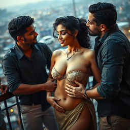 A sensual scene featuring a beautiful Indian woman resembling a glamorous actress, in an intimate setting on a terrace overlooking a vibrant slum