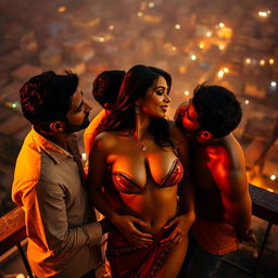 A sensual scene featuring a beautiful Indian woman resembling a glamorous actress, in an intimate setting on a terrace overlooking a vibrant slum