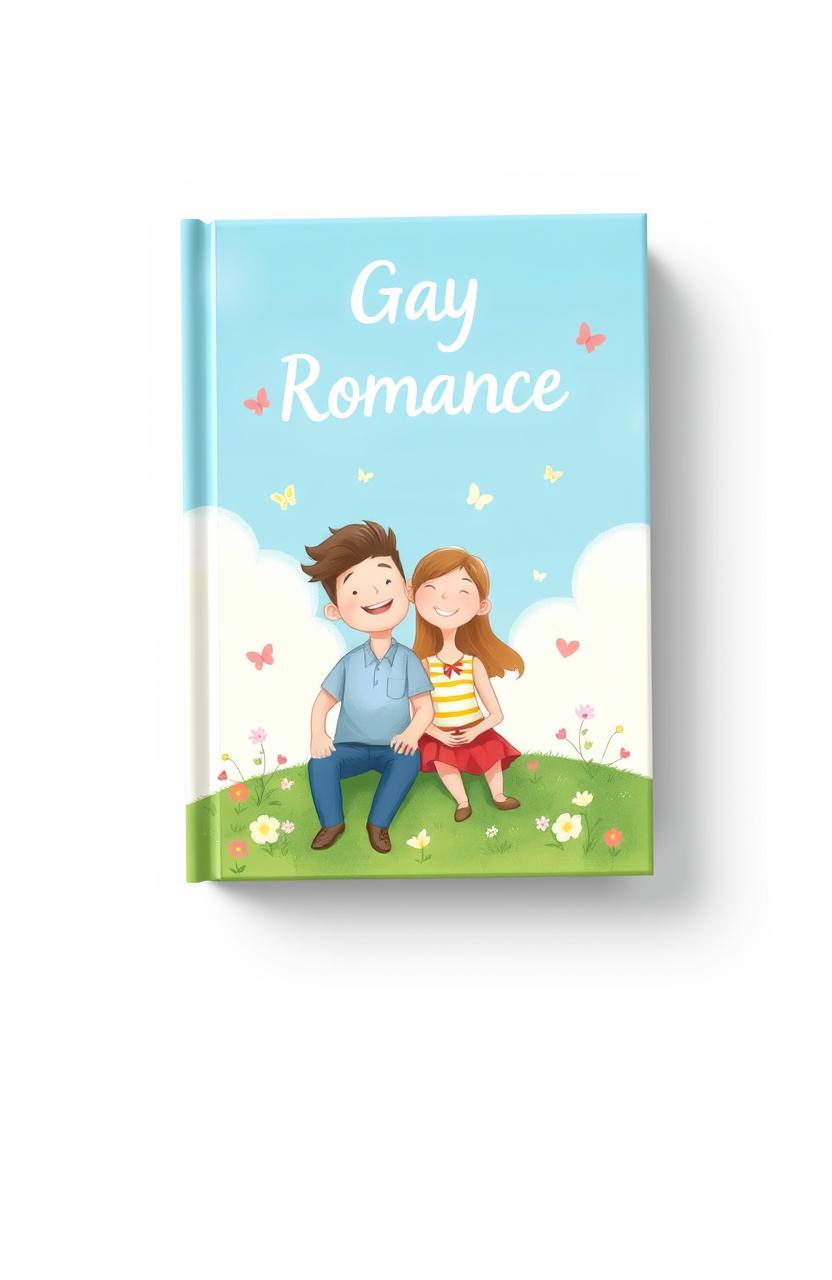 A charming gay romance book cover design, inspired by Heartstopper, featuring a whimsical and tender illustration of a joyful couple in a soft pastel color palette