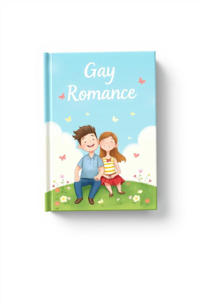 A charming gay romance book cover design, inspired by Heartstopper, featuring a whimsical and tender illustration of a joyful couple in a soft pastel color palette