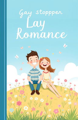 A charming gay romance book cover design, inspired by Heartstopper, featuring a whimsical and tender illustration of a joyful couple in a soft pastel color palette