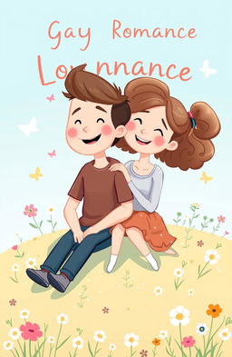 A charming gay romance book cover design, inspired by Heartstopper, featuring a whimsical and tender illustration of a joyful couple in a soft pastel color palette