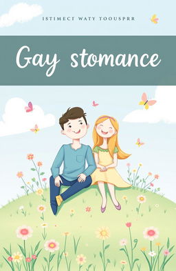 A charming gay romance book cover design, inspired by Heartstopper, featuring a whimsical and tender illustration of a joyful couple in a soft pastel color palette