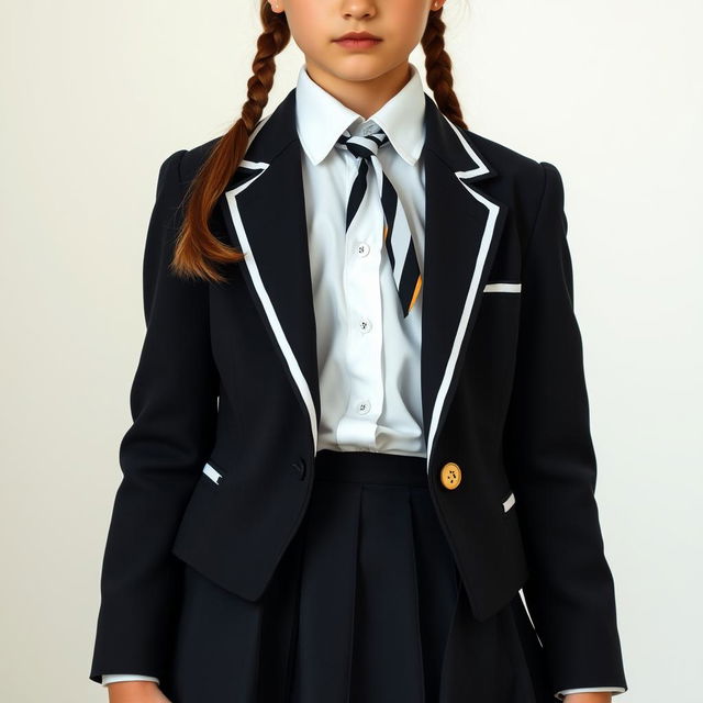 An ultra-realistic portrait of a European schoolgirl, wearing a very tight and perfectly fitting school uniform