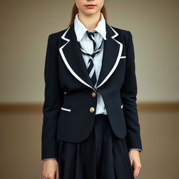 An ultra-realistic portrait of a European schoolgirl, wearing a very tight and perfectly fitting school uniform