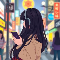 A Chinese manga art style illustration featuring a girl with long black hair facing away, engrossed in her phone