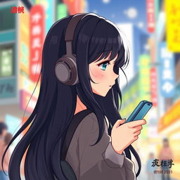 A Chinese manga art style illustration featuring a girl with long black hair facing away, engrossed in her phone