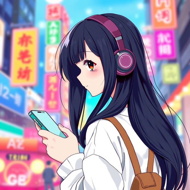 A Chinese manga art style illustration featuring a girl with long black hair facing away, engrossed in her phone