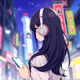 A Chinese manga art style illustration featuring a girl with long black hair facing away, engrossed in her phone