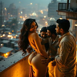 A sensual scene featuring a beautiful Indian woman resembling a glamorous actress, in an intimate setting on a terrace overlooking a vibrant slum