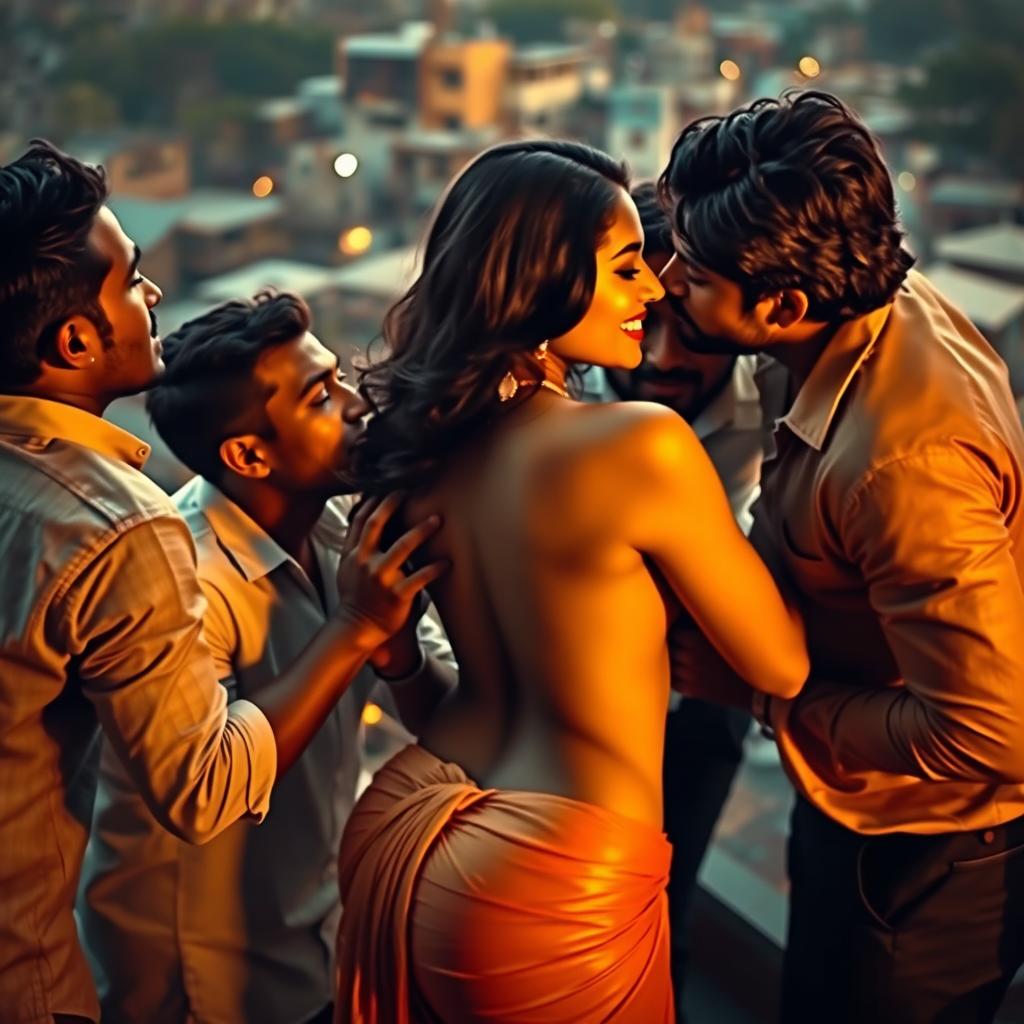 A sensual scene featuring a beautiful Indian woman resembling a glamorous actress, in an intimate setting on a terrace overlooking a vibrant slum