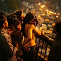 A sensual scene featuring a beautiful Indian woman resembling a glamorous actress, in an intimate setting on a terrace overlooking a vibrant slum