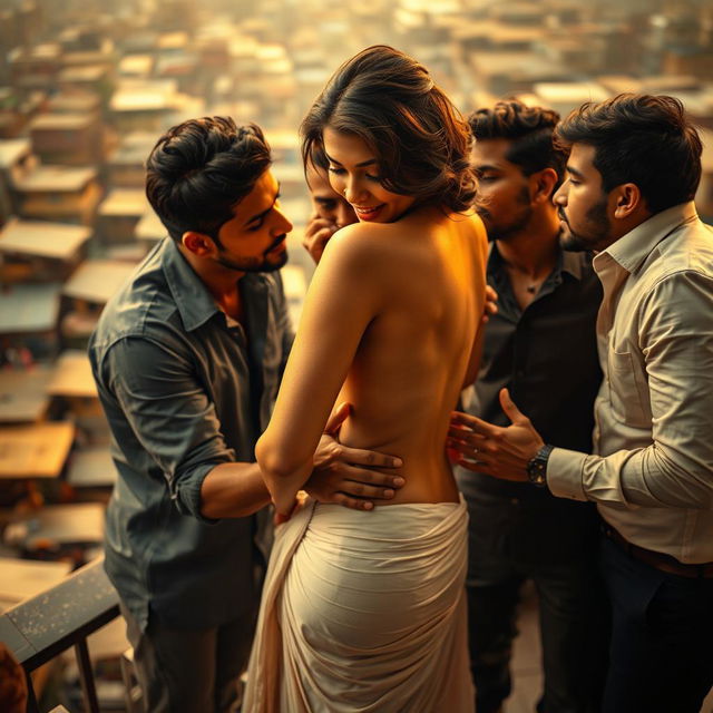 A sensual scene featuring a beautiful Indian woman resembling a glamorous actress, in an intimate setting on a terrace overlooking a vibrant slum