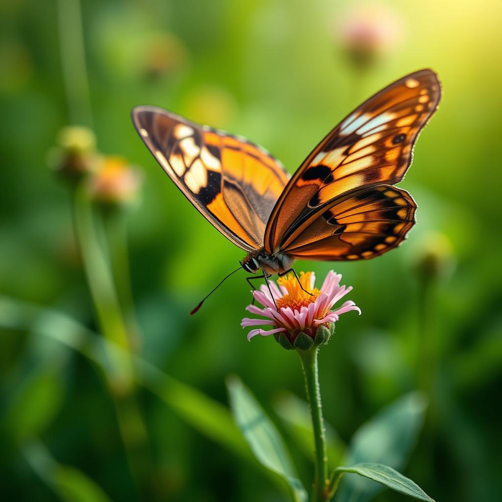 A realistic close-up photograph of a vibrant butterfly perched on a flower in its natural habitat, showcasing intricate wing patterns and colors