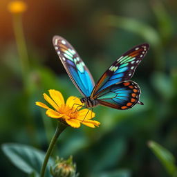 A realistic close-up photograph of a vibrant butterfly perched on a flower in its natural habitat, showcasing intricate wing patterns and colors