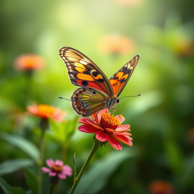 A realistic close-up photograph of a vibrant butterfly perched on a flower in its natural habitat, showcasing intricate wing patterns and colors