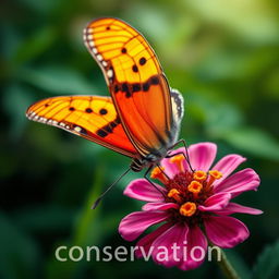 A realistic close-up photograph of a vibrant butterfly perched on a flower in its natural habitat, showcasing intricate wing patterns and colors