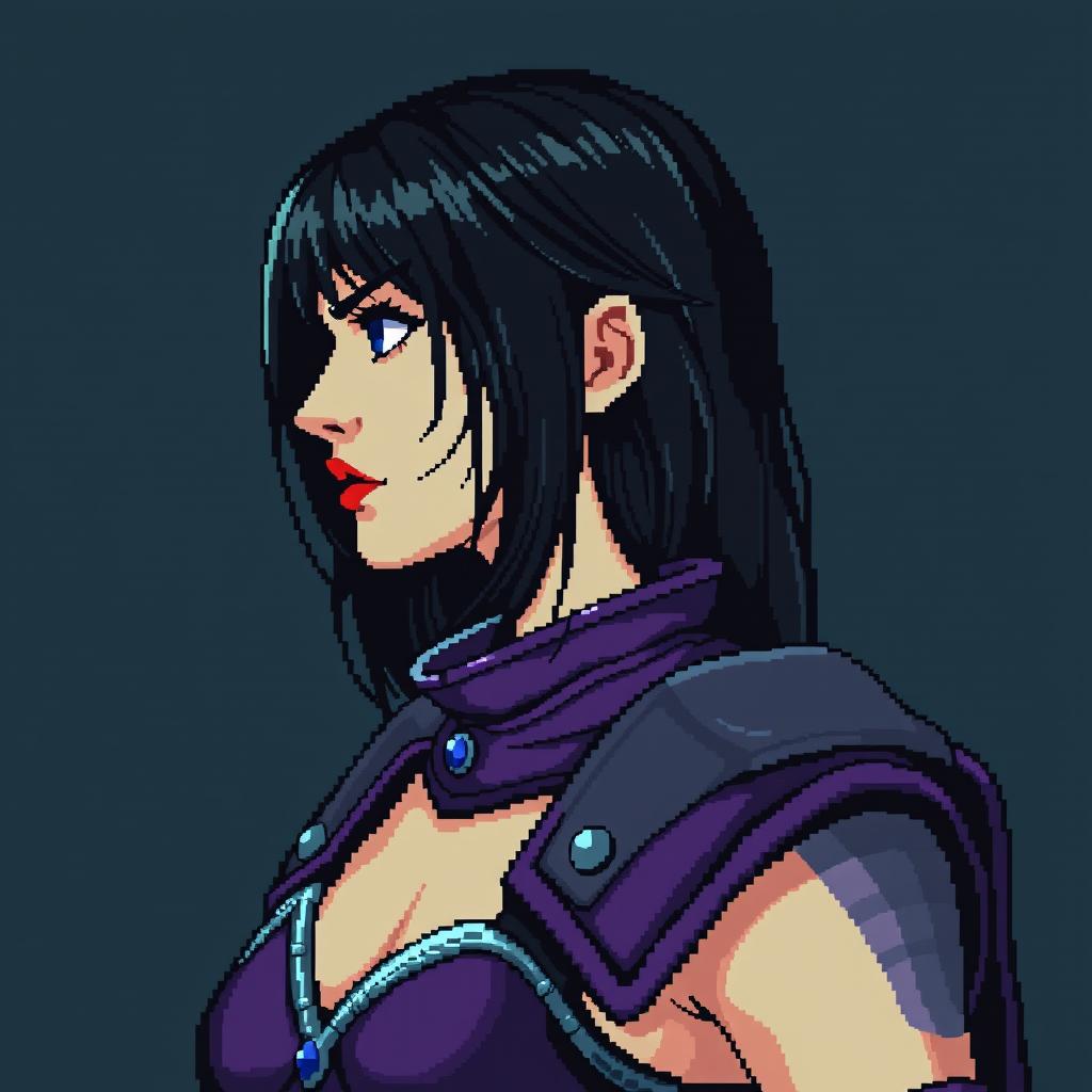 A gothic pixel art portrait reminiscent of Castlevania, featuring a woman with semi-long black hair