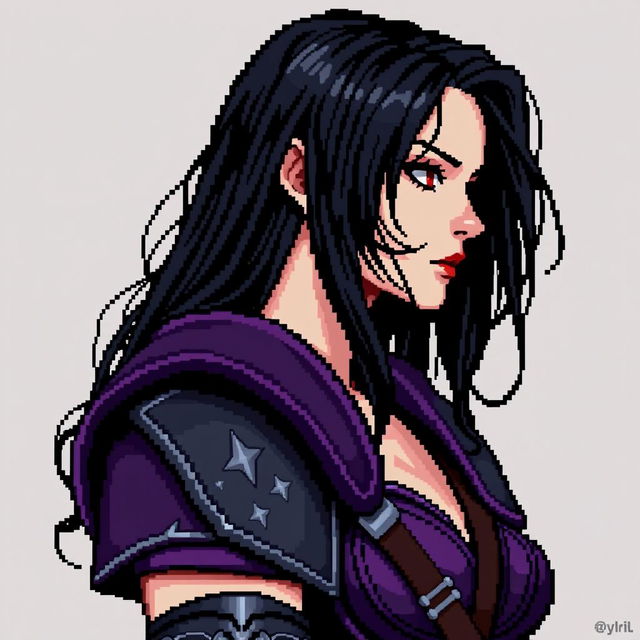 A gothic pixel art portrait reminiscent of Castlevania, featuring a woman with semi-long black hair